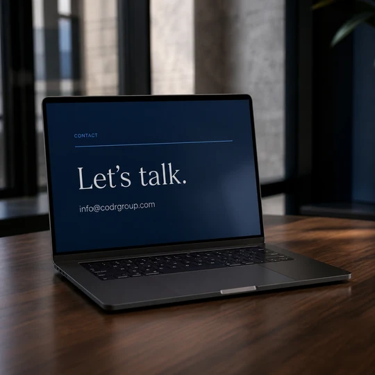 MacBook Pro displaying the CODR Group contact address