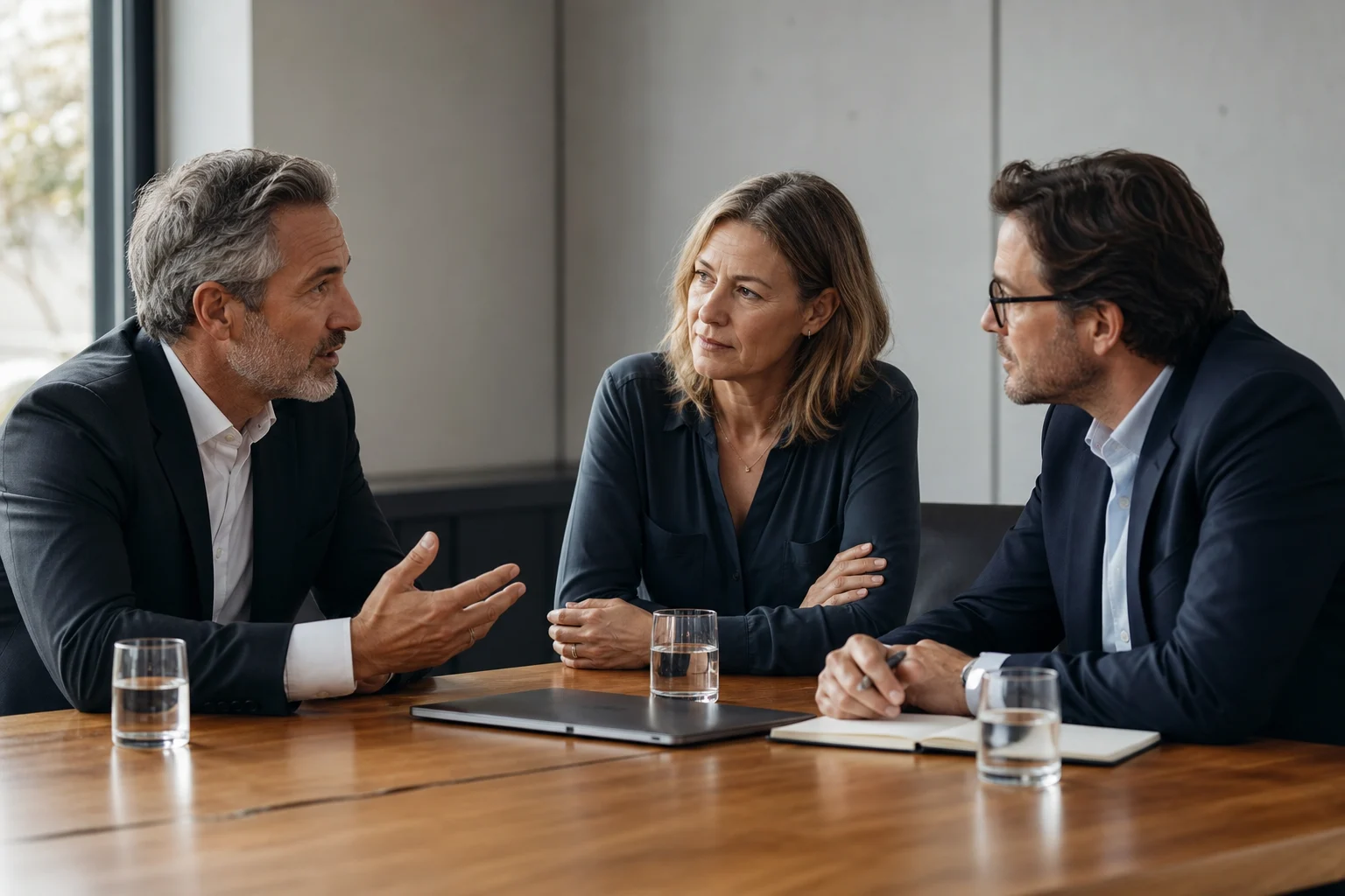 Three business professionals having a focused conversation around a timber table